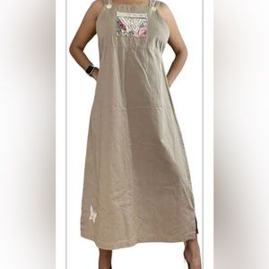 Go West Midi Overall Denim Dress Khaki Oversize Medium 100% Cotton Embroidered